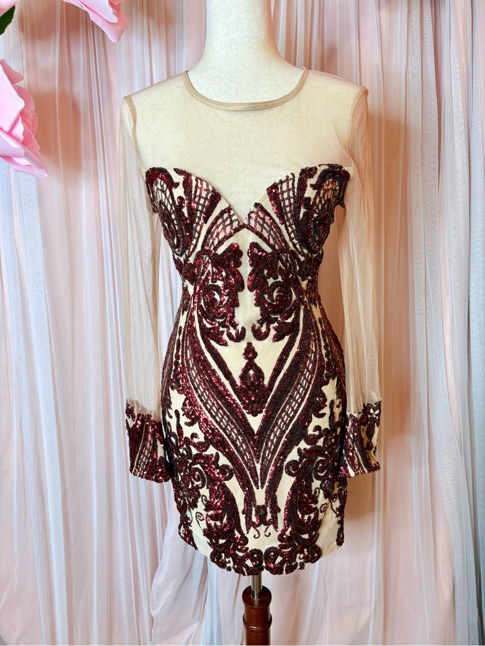Main Strip Nude Sheer Long Sleeve Dress with Burgundy Sequin Appliqué